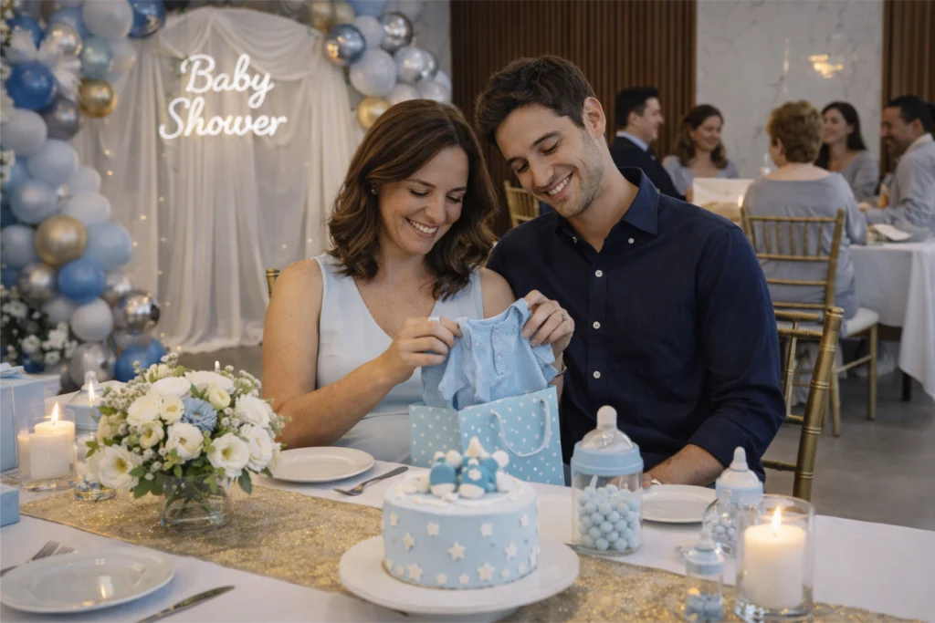 Salón de eventos Índigo en Cumbres Elite, Monterrey. Celebración de baby shower con pareja feliz