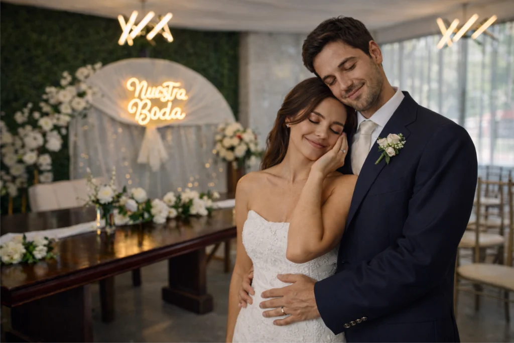 Salón de eventos Índigo en Cumbres Elite, Monterrey. Celebración de boda civil, pareja feliz
